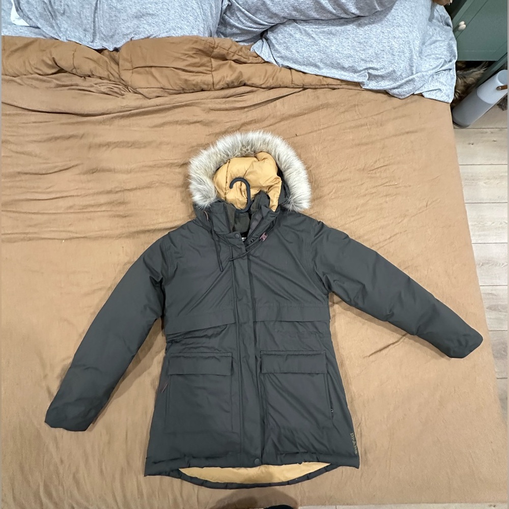 Prana Olive Green Puffer Jacket with Faux Fur Hood-  80% down feather